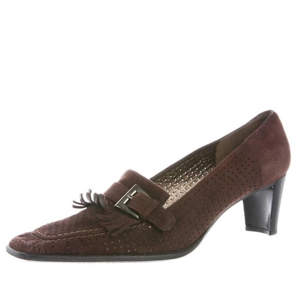 Stuart Weitzman Suede Pumps Square Toe Fringe Brown Buckle Size 8 Narrow - Picture 2 of 9
